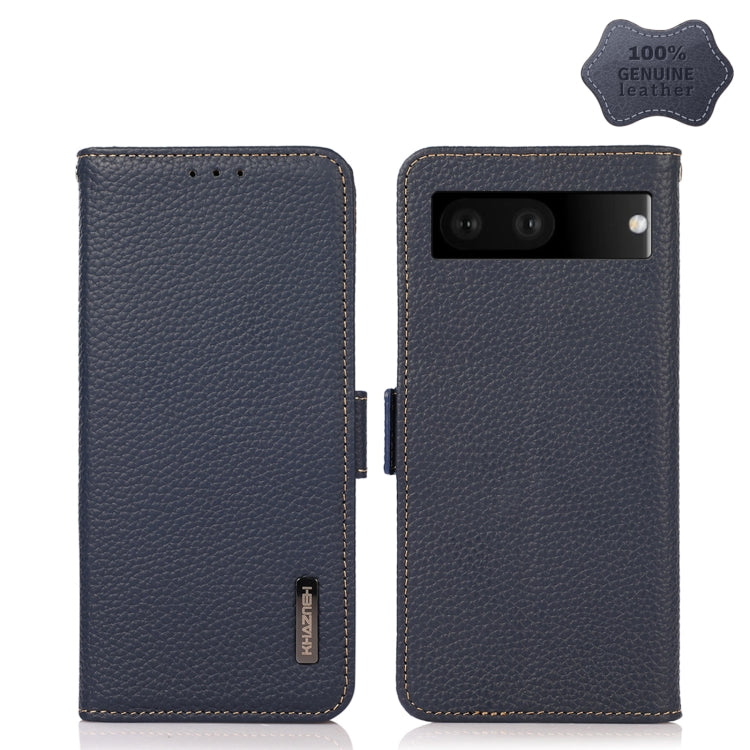 For Google Pixel 7 5G KHAZNEH Side-Magnetic Litchi Genuine Leather RFID Phone Case(Blue) - Google Cases by buy2fix | Online Shopping UK | buy2fix