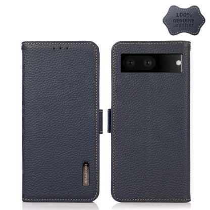 For Google Pixel 7 5G KHAZNEH Side-Magnetic Litchi Genuine Leather RFID Phone Case(Blue) - Google Cases by buy2fix | Online Shopping UK | buy2fix