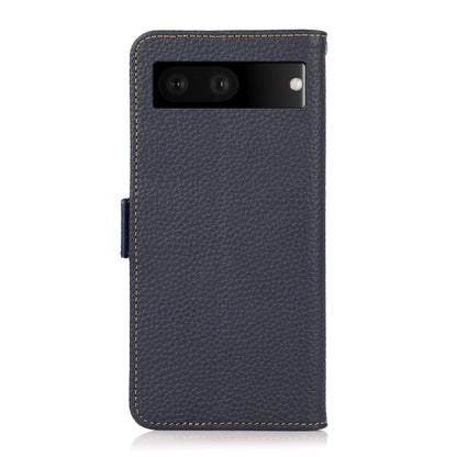 For Google Pixel 7 5G KHAZNEH Side-Magnetic Litchi Genuine Leather RFID Phone Case(Blue) - Google Cases by buy2fix | Online Shopping UK | buy2fix