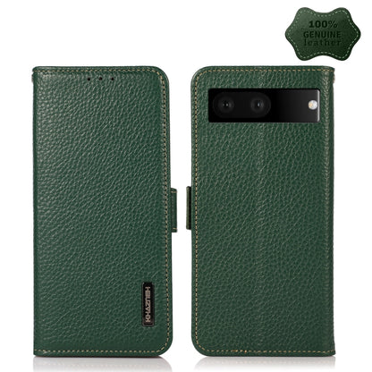 For Google Pixel 7 5G KHAZNEH Side-Magnetic Litchi Genuine Leather RFID Phone Case(Green) - Google Cases by buy2fix | Online Shopping UK | buy2fix