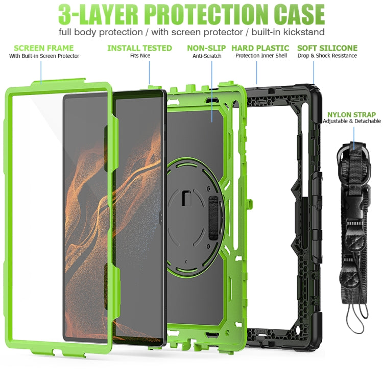For Samsung Galaxy Tab S10 Ultra / S9 Ultra / S8 Ultra Silicone + PC Tablet Case with Shoulder Strap(Black+Yellow Green) by buy2fix