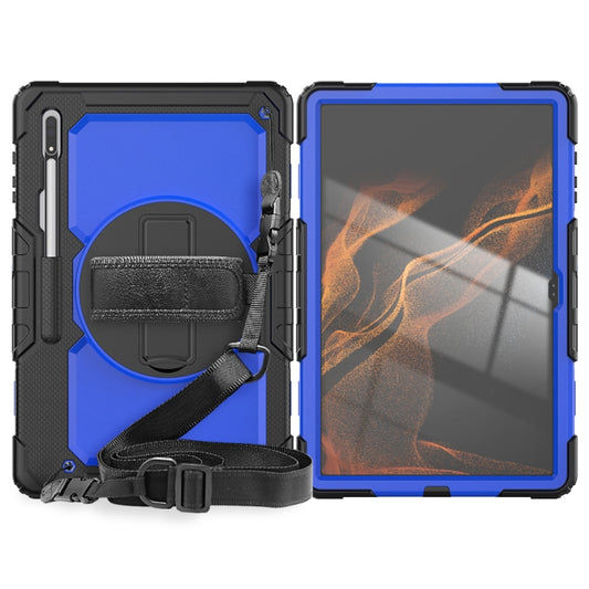 For Samsung Galaxy Tab S10 Ultra / S9 Ultra / S8 Ultra Silicone + PC Tablet Case with Shoulder Strap(Black+Dark Blue) by buy2fix