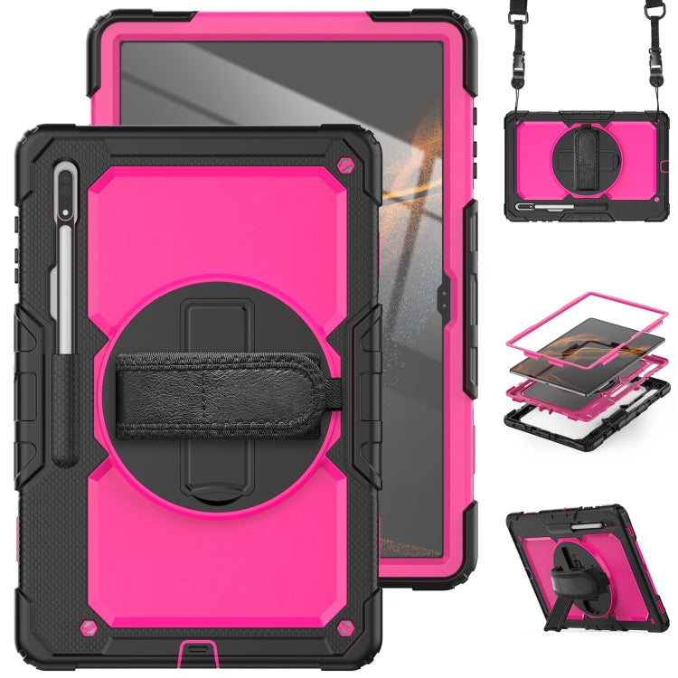 For Samsung Galaxy Tab S10 Ultra / S9 Ultra / S8 Ultra Silicone + PC Tablet Case with Shoulder Strap(Black+Rose Red) by buy2fix