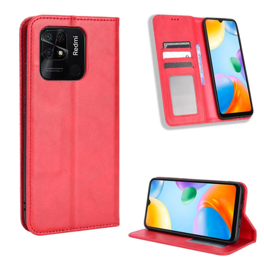 For Xiaomi Redmi 10C Magnetic Buckle Retro Texture Leather Phone Case(Red)
