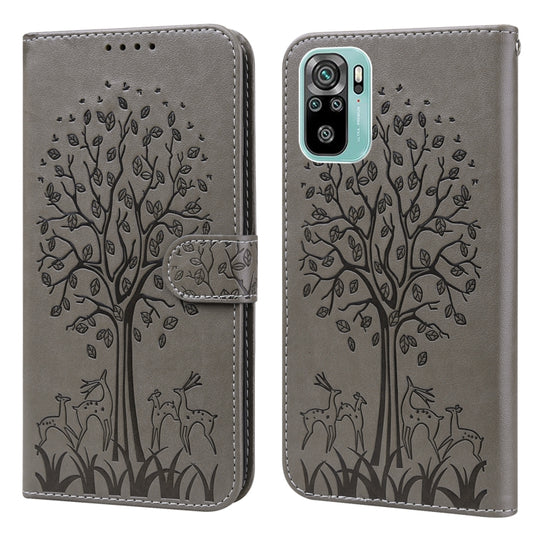 For Xiaomi Redmi Note 10 / Note 10S Tree & Deer Pattern Pressed Flip Leather Phone Case(Grey)