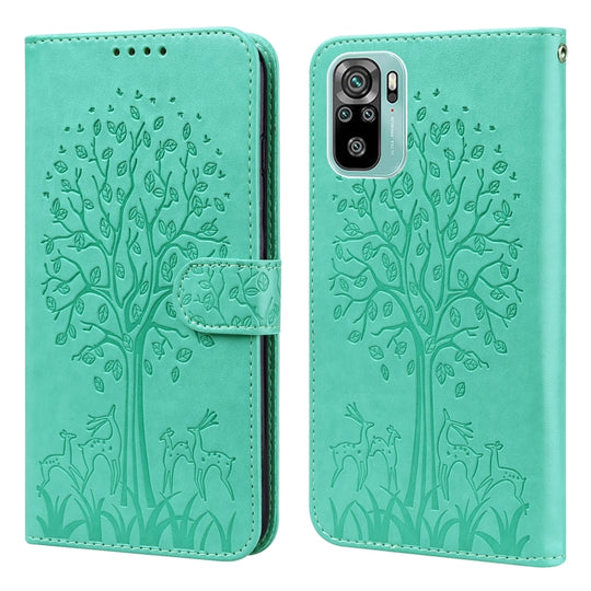 For Xiaomi Redmi Note 10 / Note 10S Tree & Deer Pattern Pressed Flip Leather Phone Case(Green)