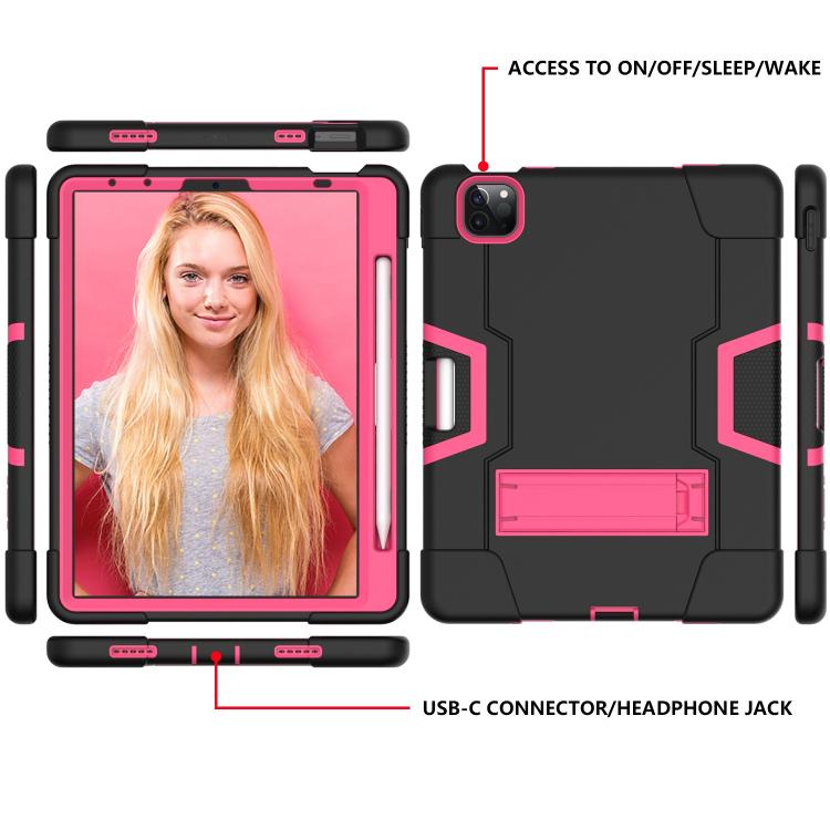 For iPad Pro 11 Contrast Color Silicone + PC Combination Case with Holder(Black + Rose Red) - iPad Pro 11 (2018) Cases by buy2fix | Online Shopping UK | buy2fix