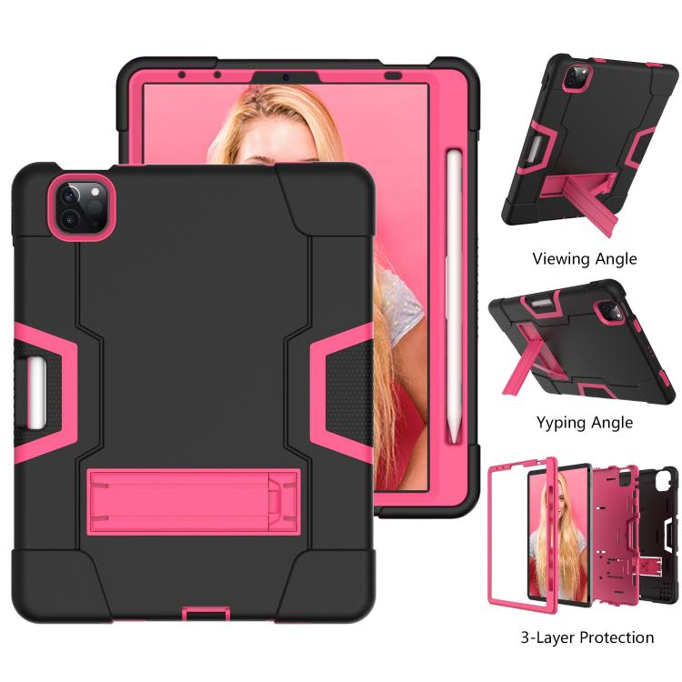 For iPad Pro 11 Contrast Color Silicone + PC Combination Case with Holder(Black + Rose Red) - iPad Pro 11 (2018) Cases by buy2fix | Online Shopping UK | buy2fix