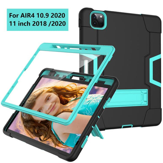 For iPad Pro 11 Contrast Color Silicone + PC Combination Case with Holder(Black + Aqua) - iPad Pro 11 (2018) Cases by buy2fix | Online Shopping UK | buy2fix