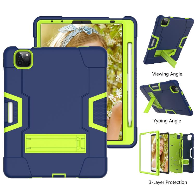 For iPad Pro 11 Contrast Color Silicone + PC Combination Case with Holder(Navy Blue +Olivine) - iPad Pro 11 (2018) Cases by buy2fix | Online Shopping UK | buy2fix
