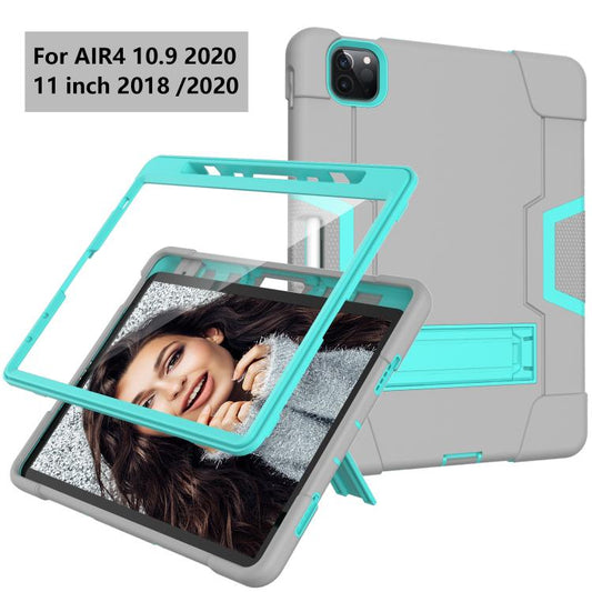 For iPad Pro 11 Contrast Color Silicone + PC Combination Case with Holder(Grey + Aqua) - iPad Pro 11 (2018) Cases by buy2fix | Online Shopping UK | buy2fix