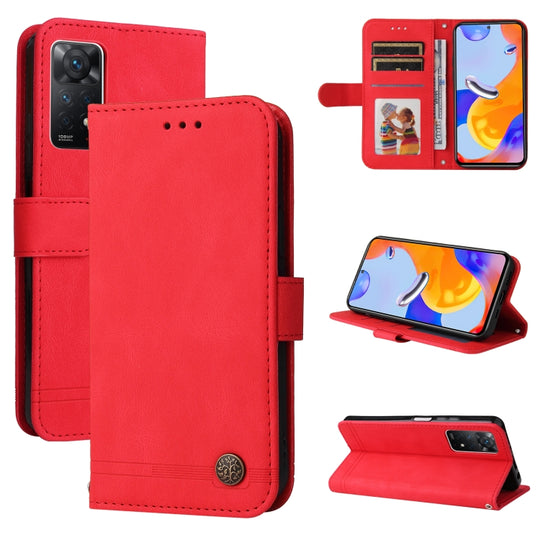 For Xiaomi Redmi Note 11 Pro 4G/Redmi Note 11 Pro 5G(Global)/Redmi Note 11E Pro Skin Feel Life Tree Metal Button Horizontal Flip Leather Case(Red)