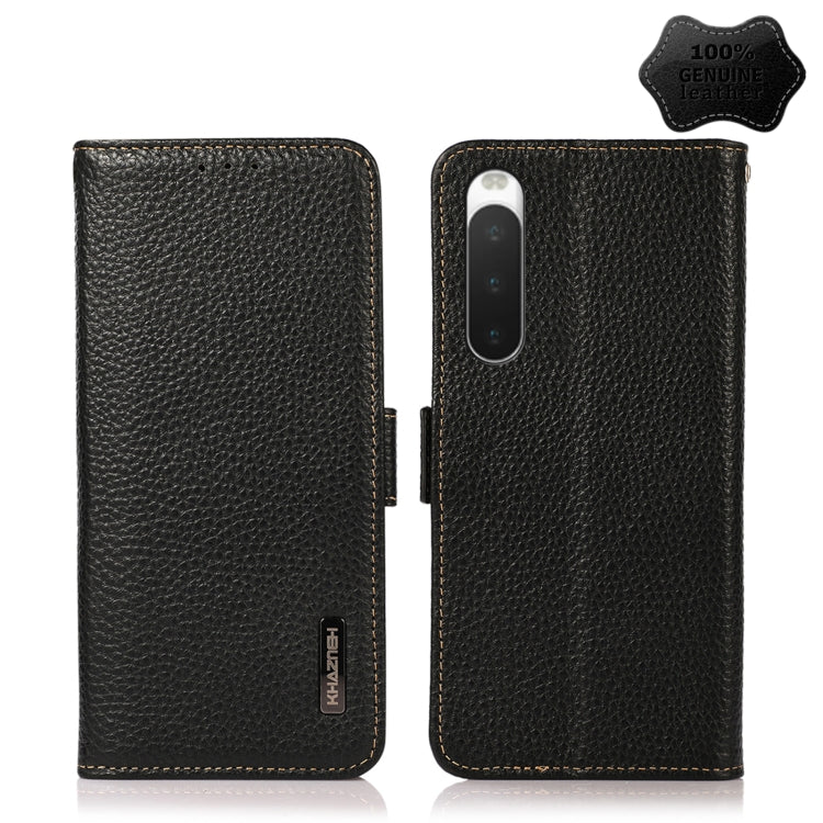 For Sony Xperia 10 IV KHAZNEH Side-Magnetic Litchi Genuine Leather RFID Phone Case(Black) - Sony Cases by buy2fix | Online Shopping UK | buy2fix