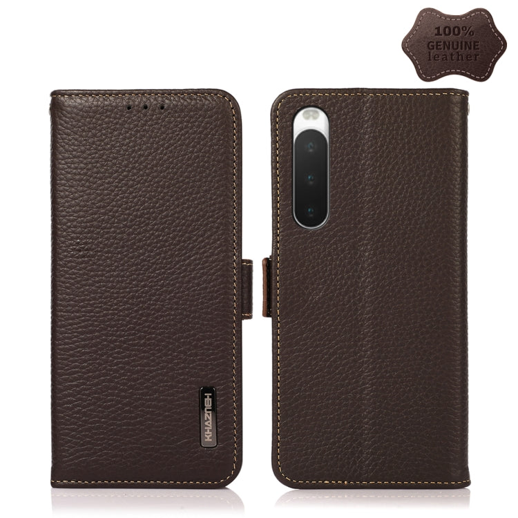 For Sony Xperia 10 IV KHAZNEH Side-Magnetic Litchi Genuine Leather RFID Phone Case(Brown) - Sony Cases by buy2fix | Online Shopping UK | buy2fix