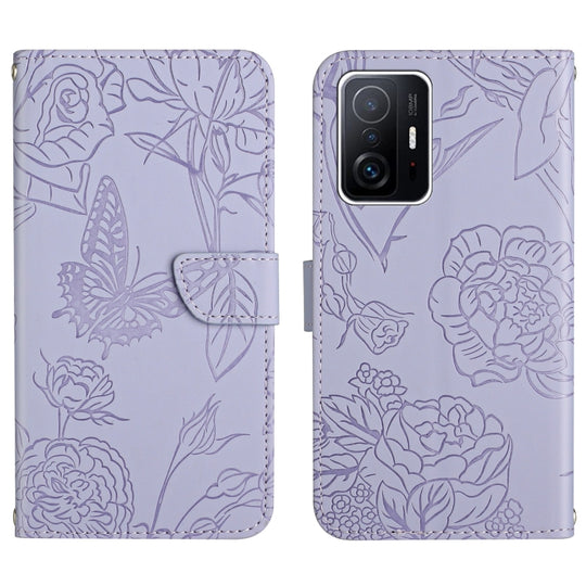 For Xiaomi Mi 11T / 11T Pro Skin Feel Butterfly Peony Embossed Leather Phone Case(Purple)