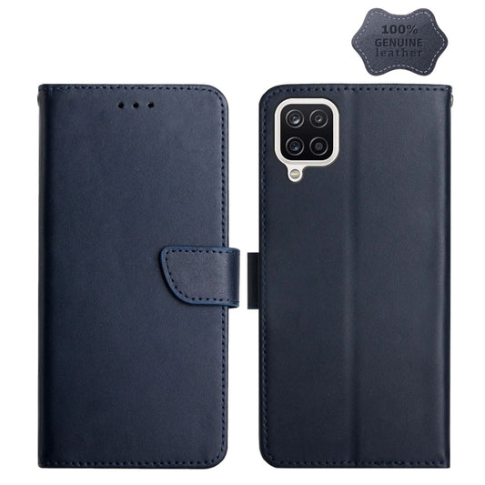 For Samsung Galaxy A12 Genuine Leather Fingerprint-proof Horizontal Flip Phone Case(Blue) - Galaxy Phone Cases by buy2fix | Online Shopping UK | buy2fix