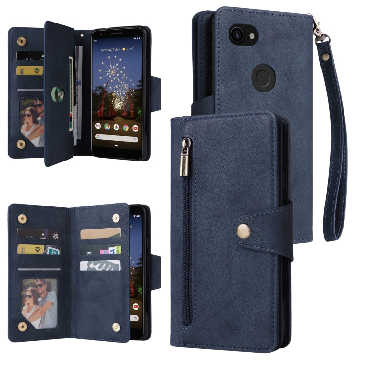 For Google Pixel 3A Rivet Buckle 9 Cards Three Fold Leather Phone Case(Blue) by buy2fix