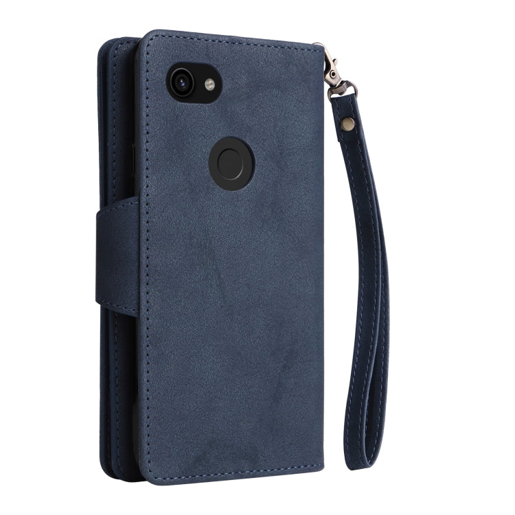 For Google Pixel 3A Rivet Buckle 9 Cards Three Fold Leather Phone Case(Blue) by buy2fix