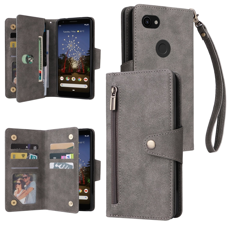 For Google Pixel 3A Rivet Buckle 9 Cards Three Fold Leather Phone Case(Grey) by buy2fix
