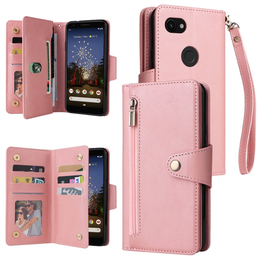 For Google Pixel 3A Rivet Buckle 9 Cards Three Fold Leather Phone Case(Rose Gold) by buy2fix