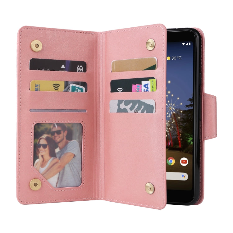 For Google Pixel 3A Rivet Buckle 9 Cards Three Fold Leather Phone Case(Rose Gold) by buy2fix