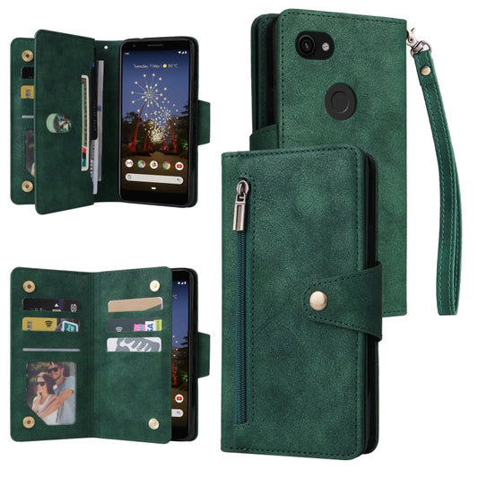 For Google Pixel 3A Rivet Buckle 9 Cards Three Fold Leather Phone Case(Green) by buy2fix