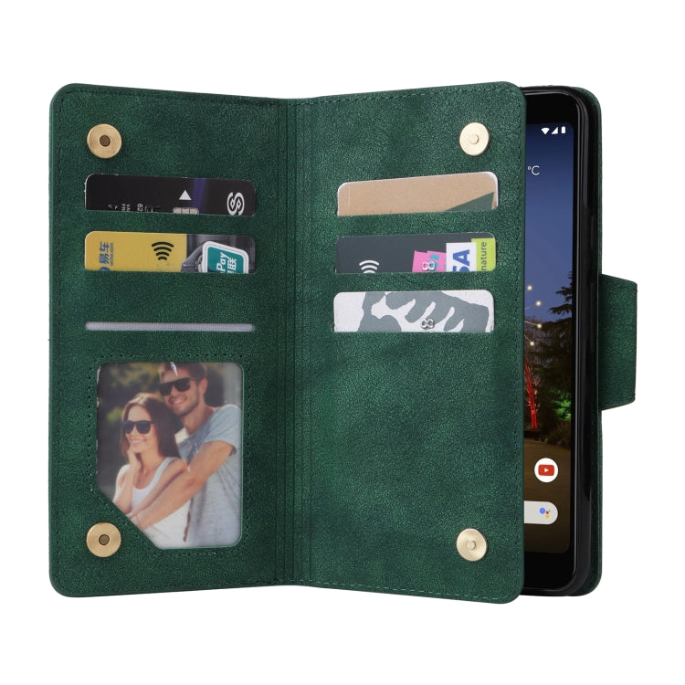 For Google Pixel 3A Rivet Buckle 9 Cards Three Fold Leather Phone Case(Green) by buy2fix