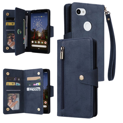 For Google Pixel 3A XL Rivet Buckle 9 Cards Three Fold Leather Phone Case(Blue) by buy2fix
