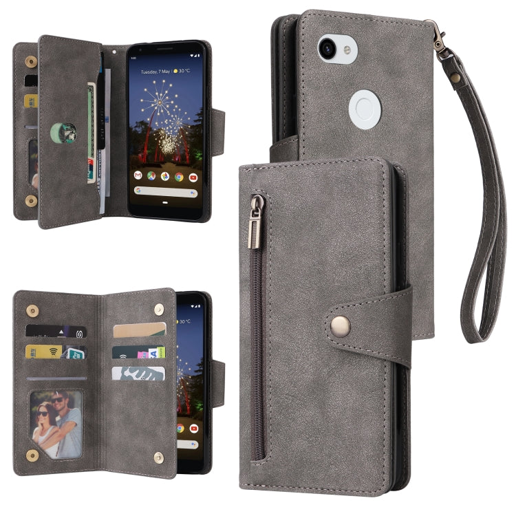 For Google Pixel 3A XL Rivet Buckle 9 Cards Three Fold Leather Phone Case(Grey) by buy2fix