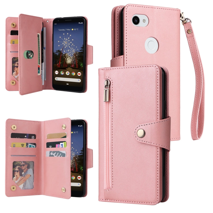 For Google Pixel 3A XL Rivet Buckle 9 Cards Three Fold Leather Phone Case(Rose Gold) by buy2fix