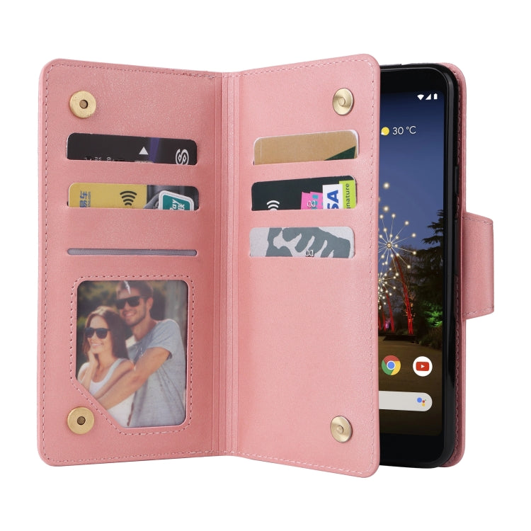 For Google Pixel 3A XL Rivet Buckle 9 Cards Three Fold Leather Phone Case(Rose Gold) by buy2fix
