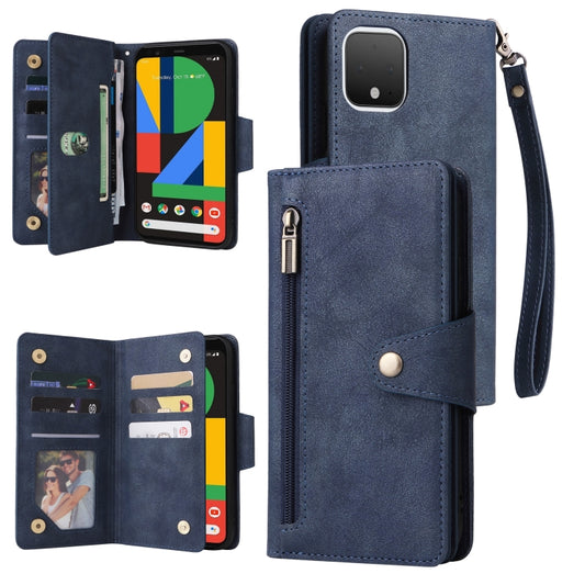 For Google Pixel 4 Rivet Buckle 9 Cards Three Fold Leather Phone Case(Blue) by buy2fix