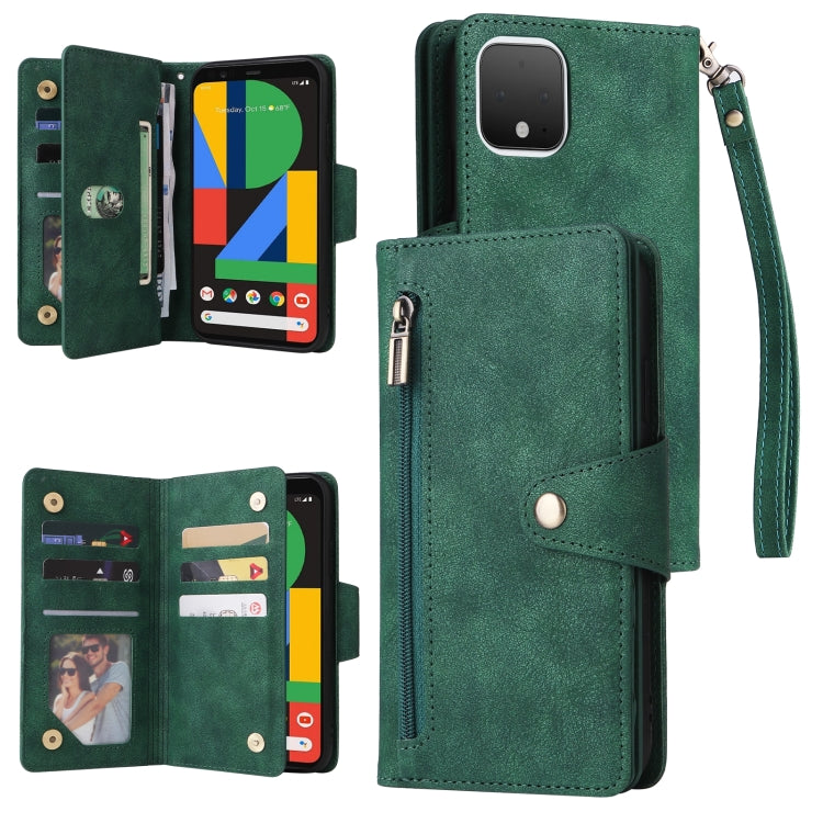 For Google Pixel 4 Rivet Buckle 9 Cards Three Fold Leather Phone Case(Green) by buy2fix