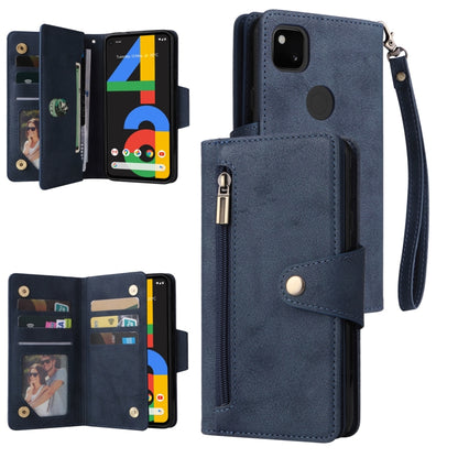 For Google Pixel 4A 4G Rivet Buckle 9 Cards Three Fold Leather Phone Case(Blue) by buy2fix
