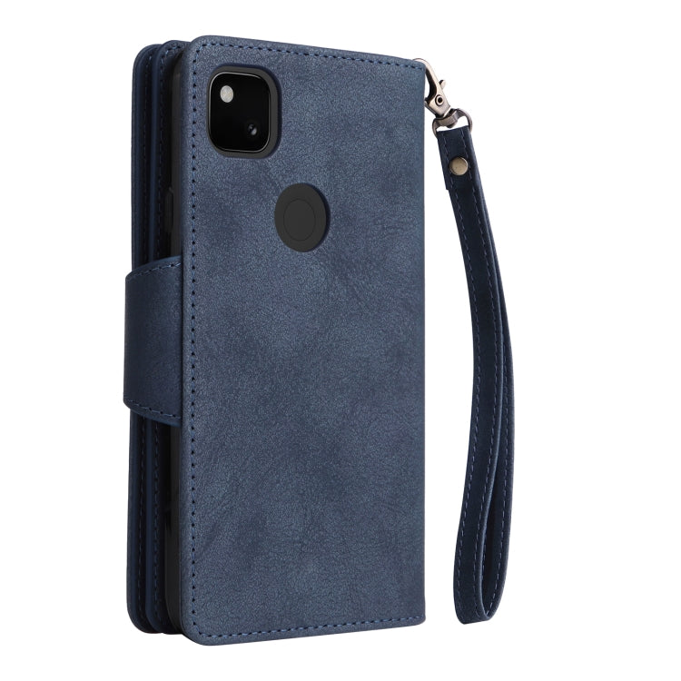 For Google Pixel 4A 4G Rivet Buckle 9 Cards Three Fold Leather Phone Case(Blue) by buy2fix