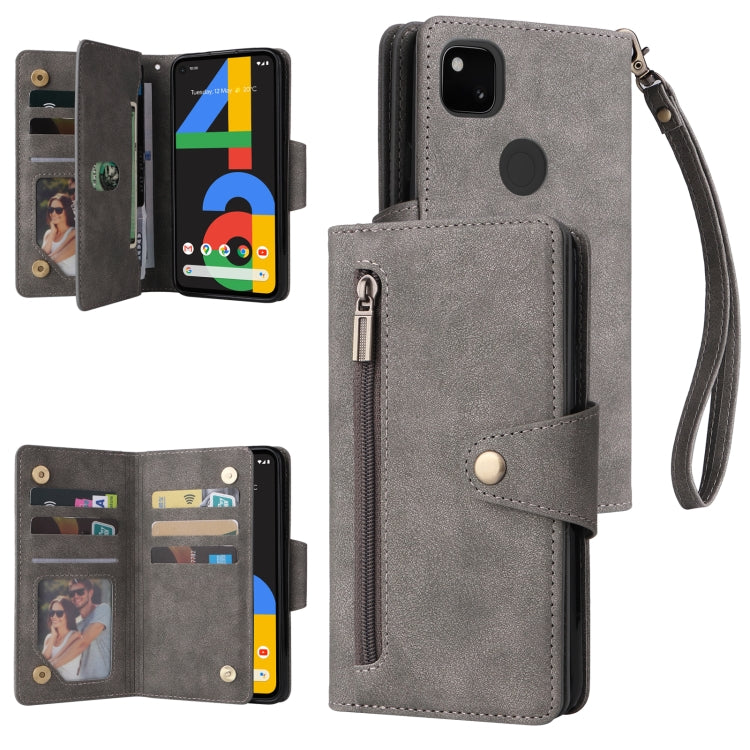 For Google Pixel 4A 4G Rivet Buckle 9 Cards Three Fold Leather Phone Case(Grey) by buy2fix