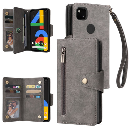 For Google Pixel 4A 4G Rivet Buckle 9 Cards Three Fold Leather Phone Case(Grey) by buy2fix