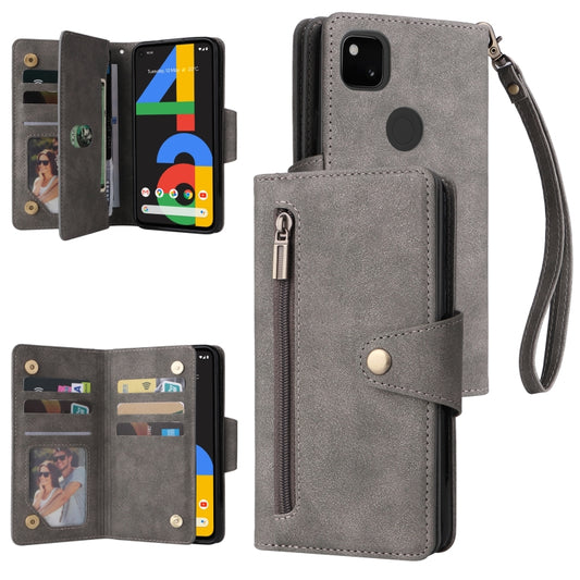 For Google Pixel 4A 4G Rivet Buckle 9 Cards Three Fold Leather Phone Case(Grey) by buy2fix