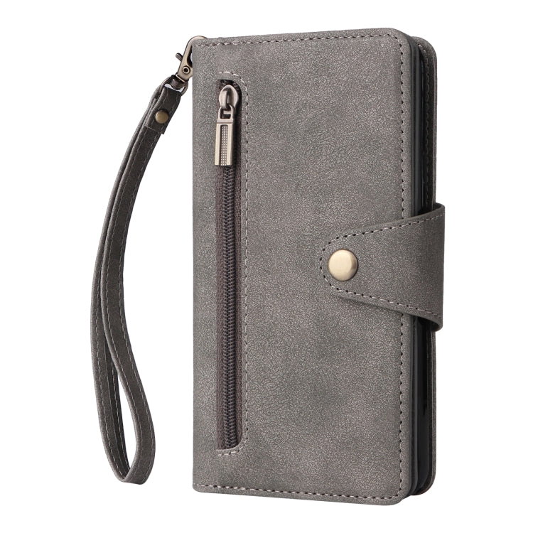 For Google Pixel 4A 4G Rivet Buckle 9 Cards Three Fold Leather Phone Case(Grey) by buy2fix