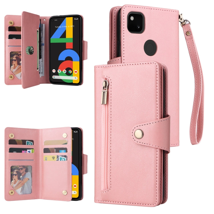 For Google Pixel 4A 4G Rivet Buckle 9 Cards Three Fold Leather Phone Case(Rose Gold) by buy2fix