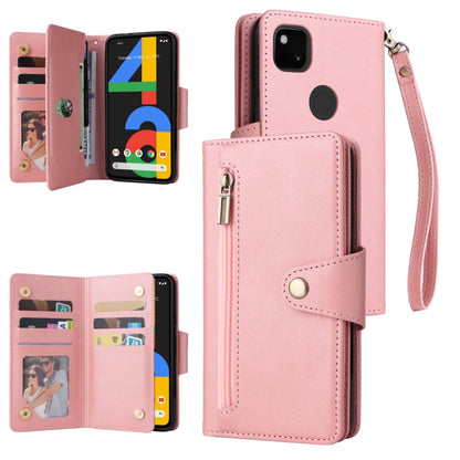 For Google Pixel 4A 4G Rivet Buckle 9 Cards Three Fold Leather Phone Case(Rose Gold) by buy2fix