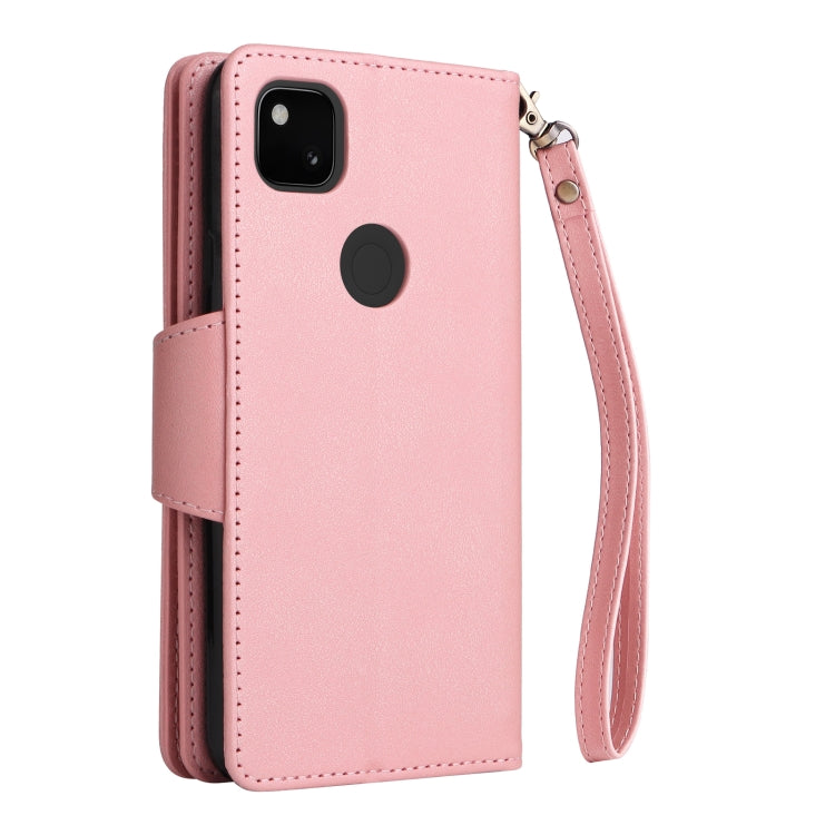 For Google Pixel 4A 4G Rivet Buckle 9 Cards Three Fold Leather Phone Case(Rose Gold) by buy2fix