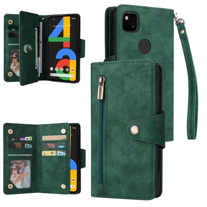 For Google Pixel 4A 4G Rivet Buckle 9 Cards Three Fold Leather Phone Case(Green) by buy2fix