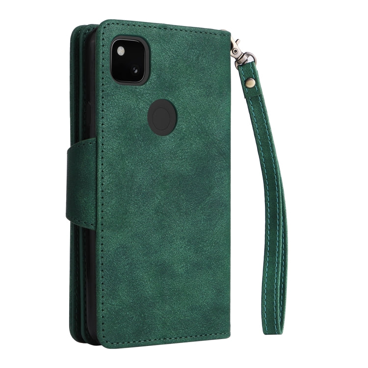 For Google Pixel 4A 4G Rivet Buckle 9 Cards Three Fold Leather Phone Case(Green) by buy2fix