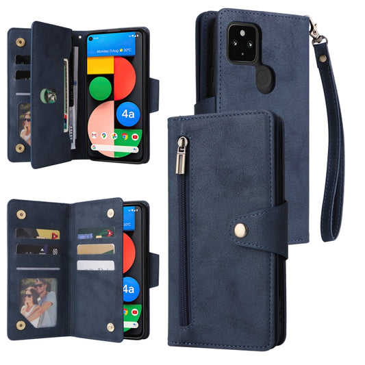For Google Pixel 4A 5G Rivet Buckle 9 Cards Three Fold Leather Phone Case(Blue) by buy2fix