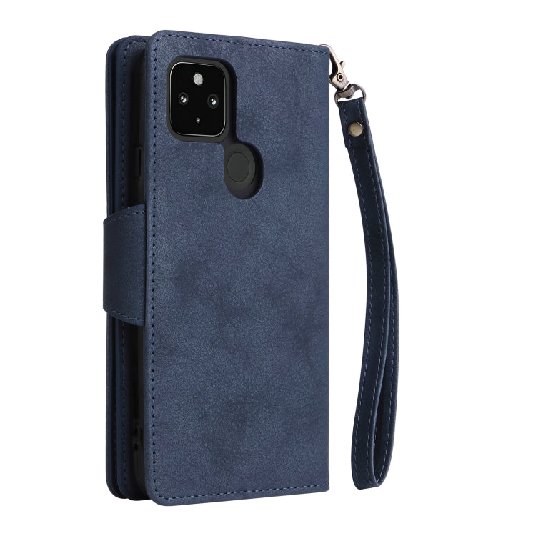 For Google Pixel 4A 5G Rivet Buckle 9 Cards Three Fold Leather Phone Case(Blue) by buy2fix