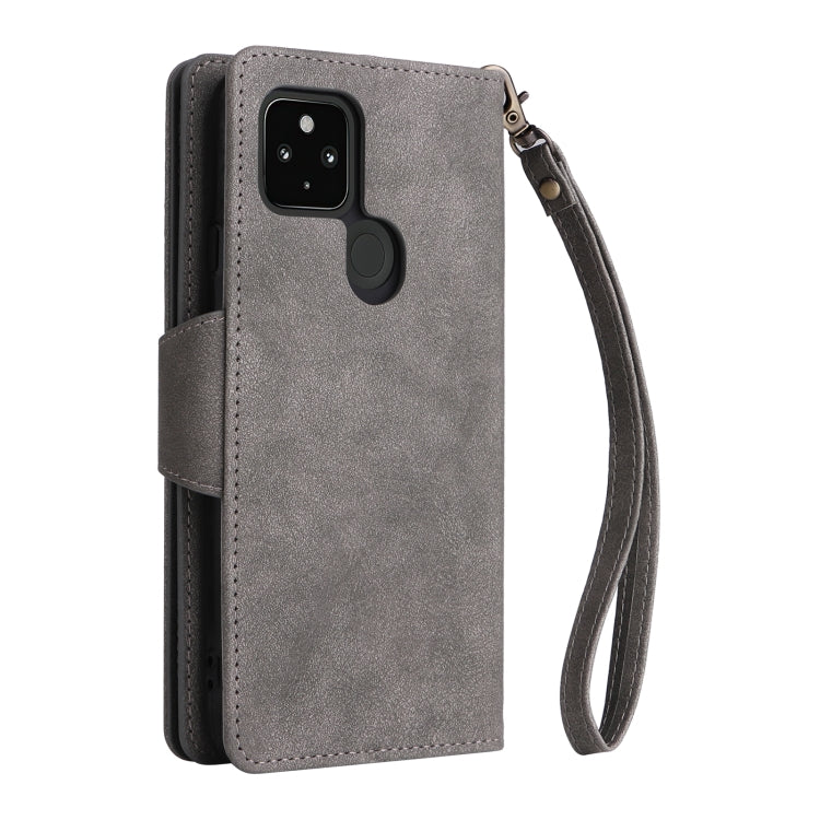 For Google Pixel 4A 5G Rivet Buckle 9 Cards Three Fold Leather Phone Case(Grey) by buy2fix