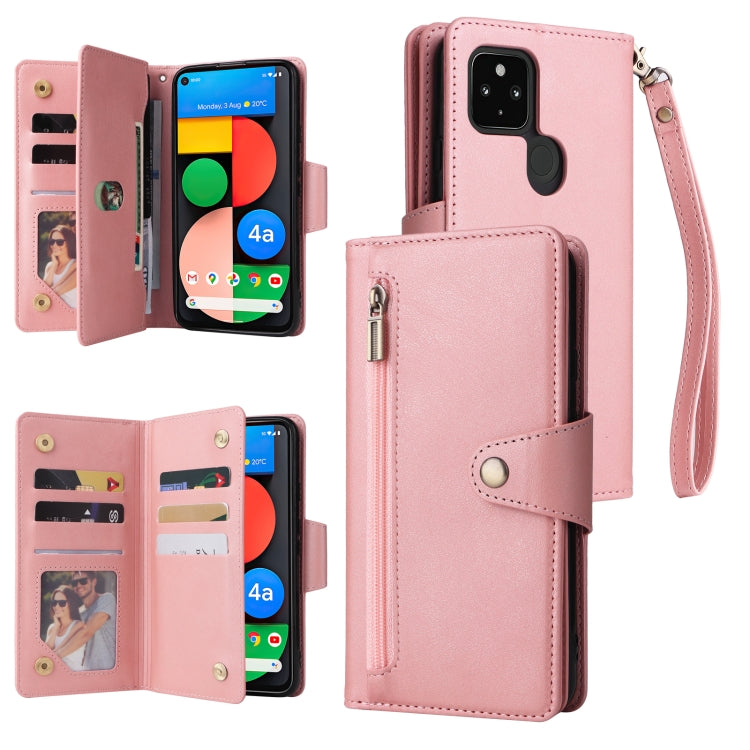 For Google Pixel 4A 5G Rivet Buckle 9 Cards Three Fold Leather Phone Case(Rose Gold) by buy2fix