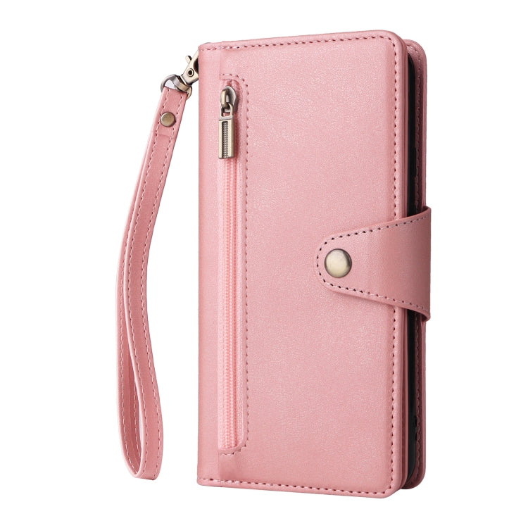 For Google Pixel 4A 5G Rivet Buckle 9 Cards Three Fold Leather Phone Case(Rose Gold) by buy2fix