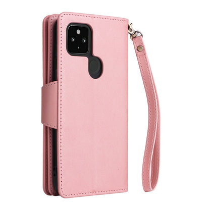 For Google Pixel 4A 5G Rivet Buckle 9 Cards Three Fold Leather Phone Case(Rose Gold) by buy2fix